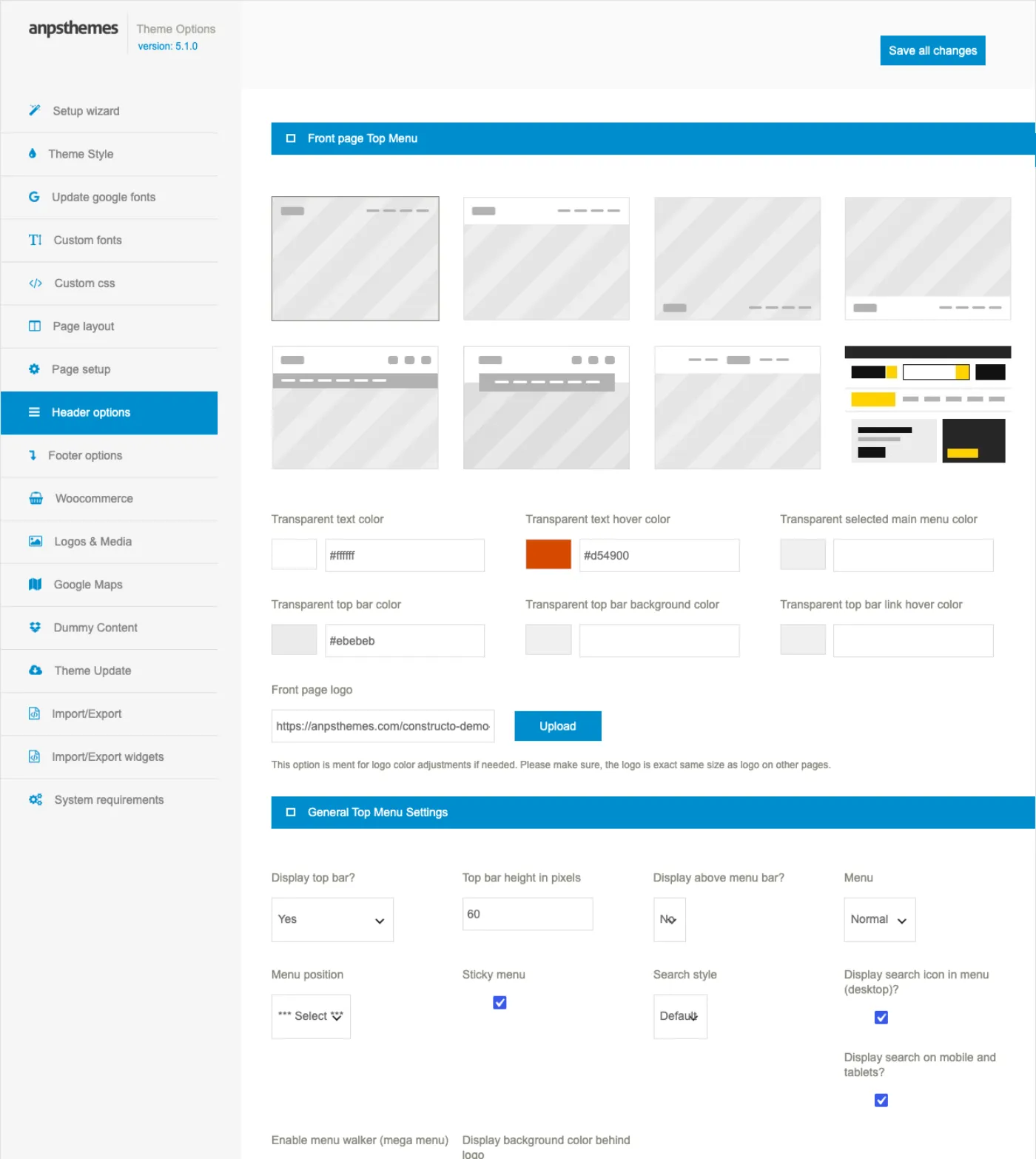 The Header options tab