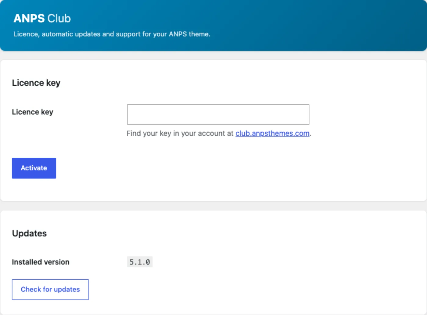The ANPS Club Licence screen