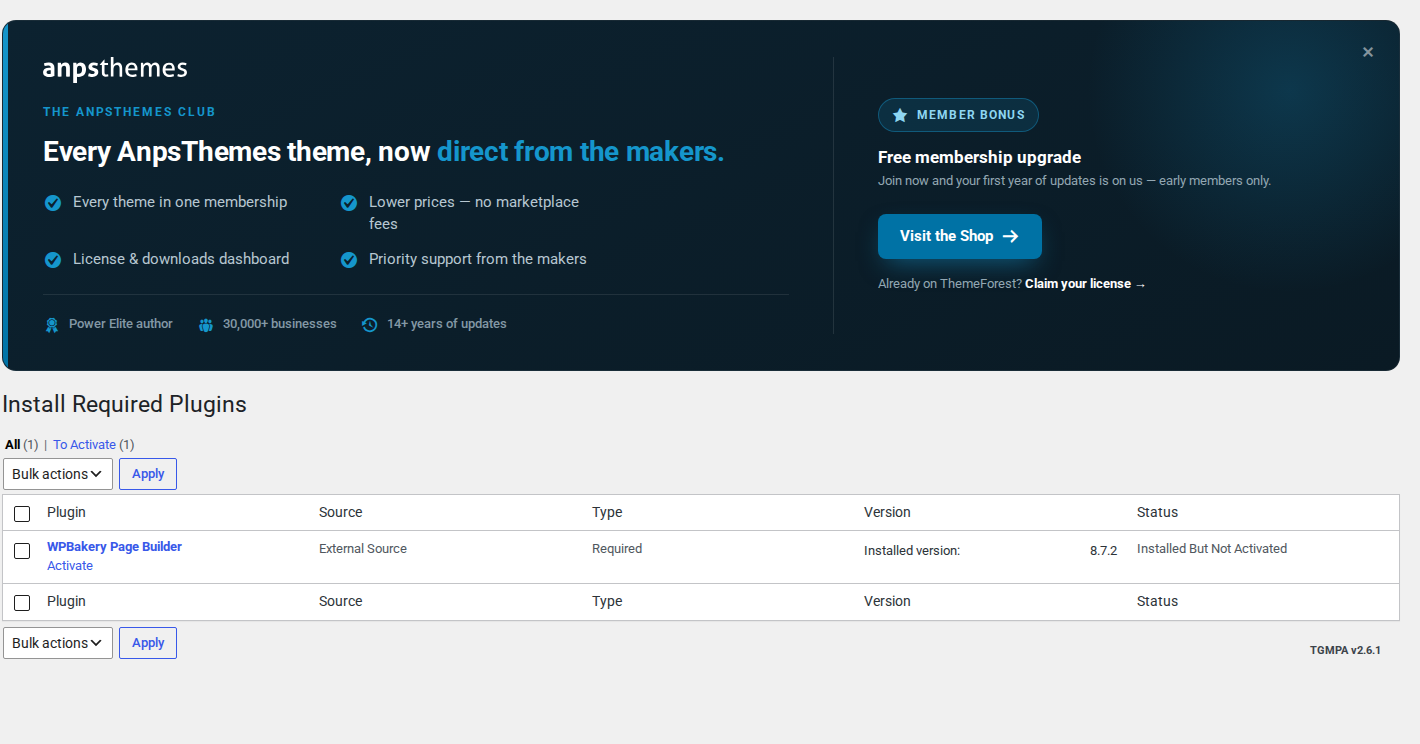 The required plugins notice lists everything the theme uses and installs them in one pass.