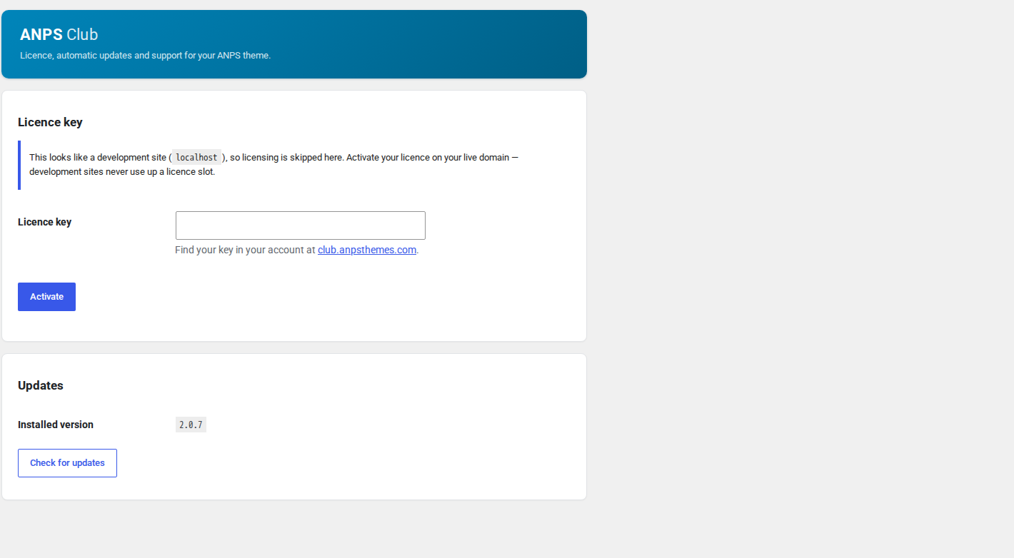 The ANPS Club Licence screen. Entering your key here enables automatic updates and support.