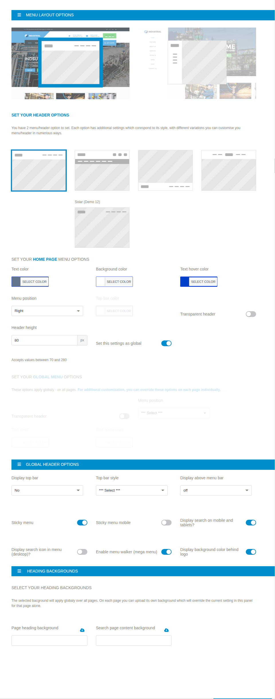 Header Options. The header type at the top decides which of the settings below it apply.