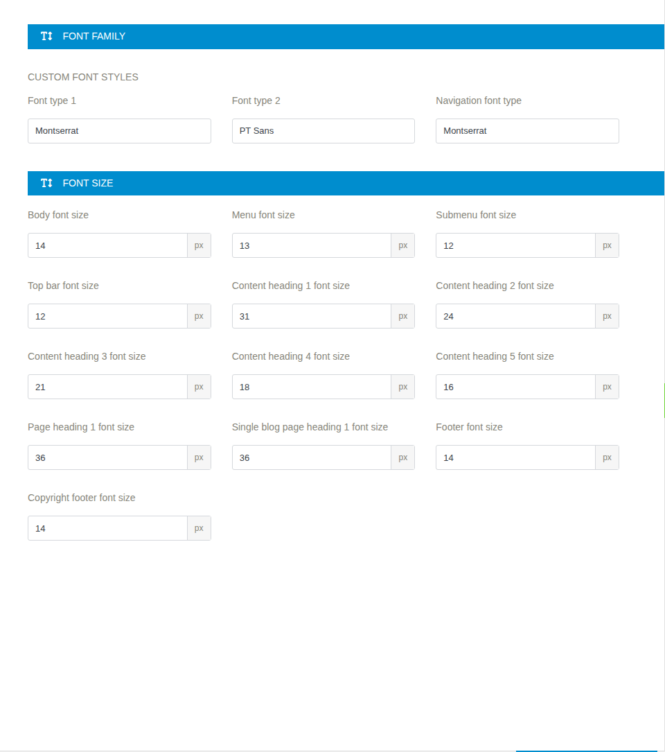 Typography sets the three font roles and the size of each element that uses them.
