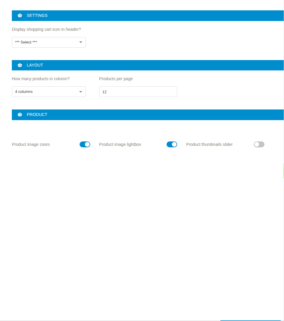 The theme's own WooCommerce display settings, separate from WooCommerce's.