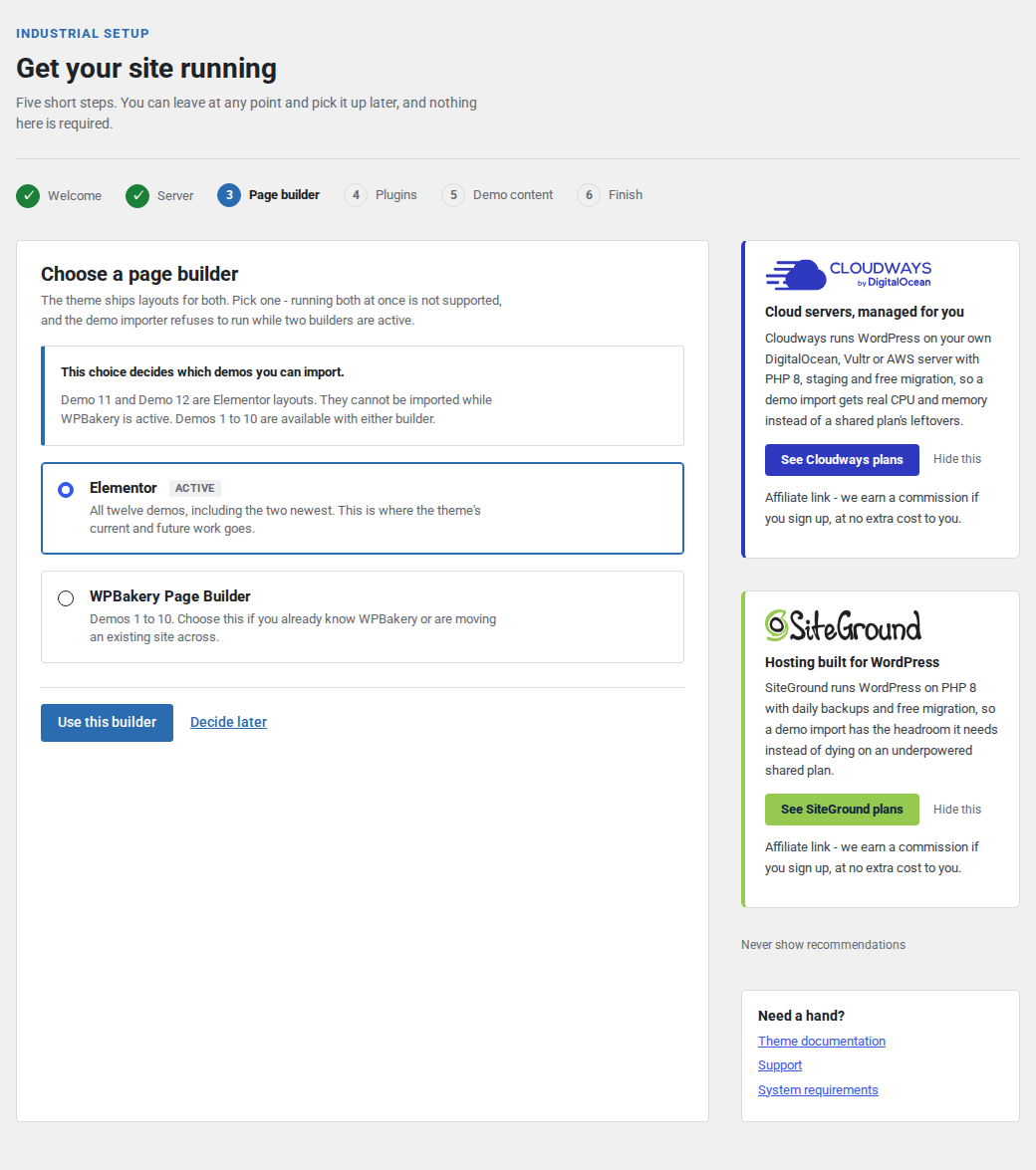 The page builder step states the Demo 11 and Demo 12 consequence before anything is installed.