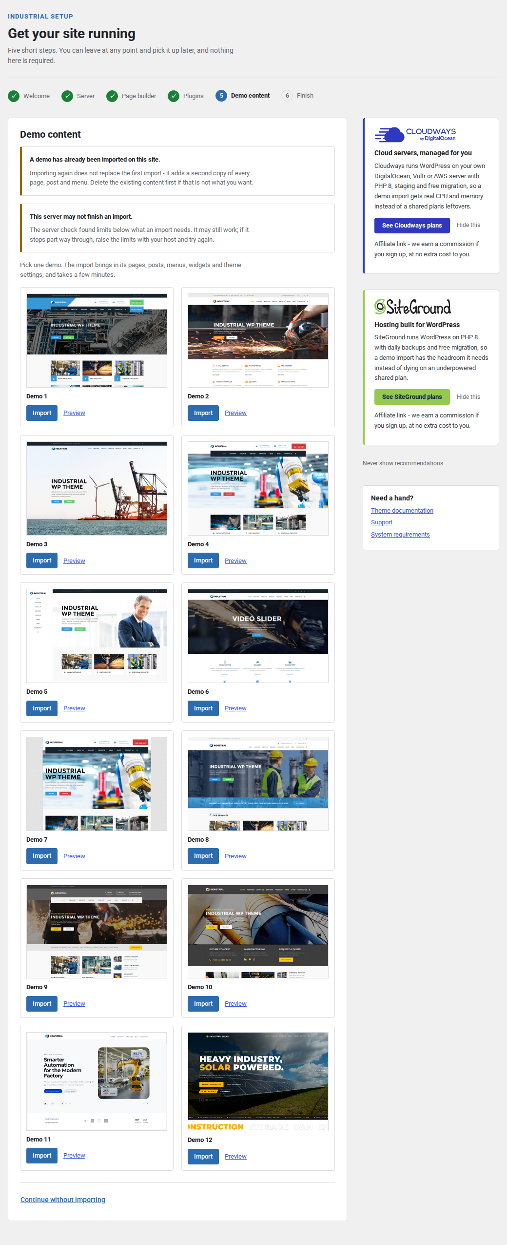 The demo step shows all twelve demos, with any your current builder cannot use marked unavailable.