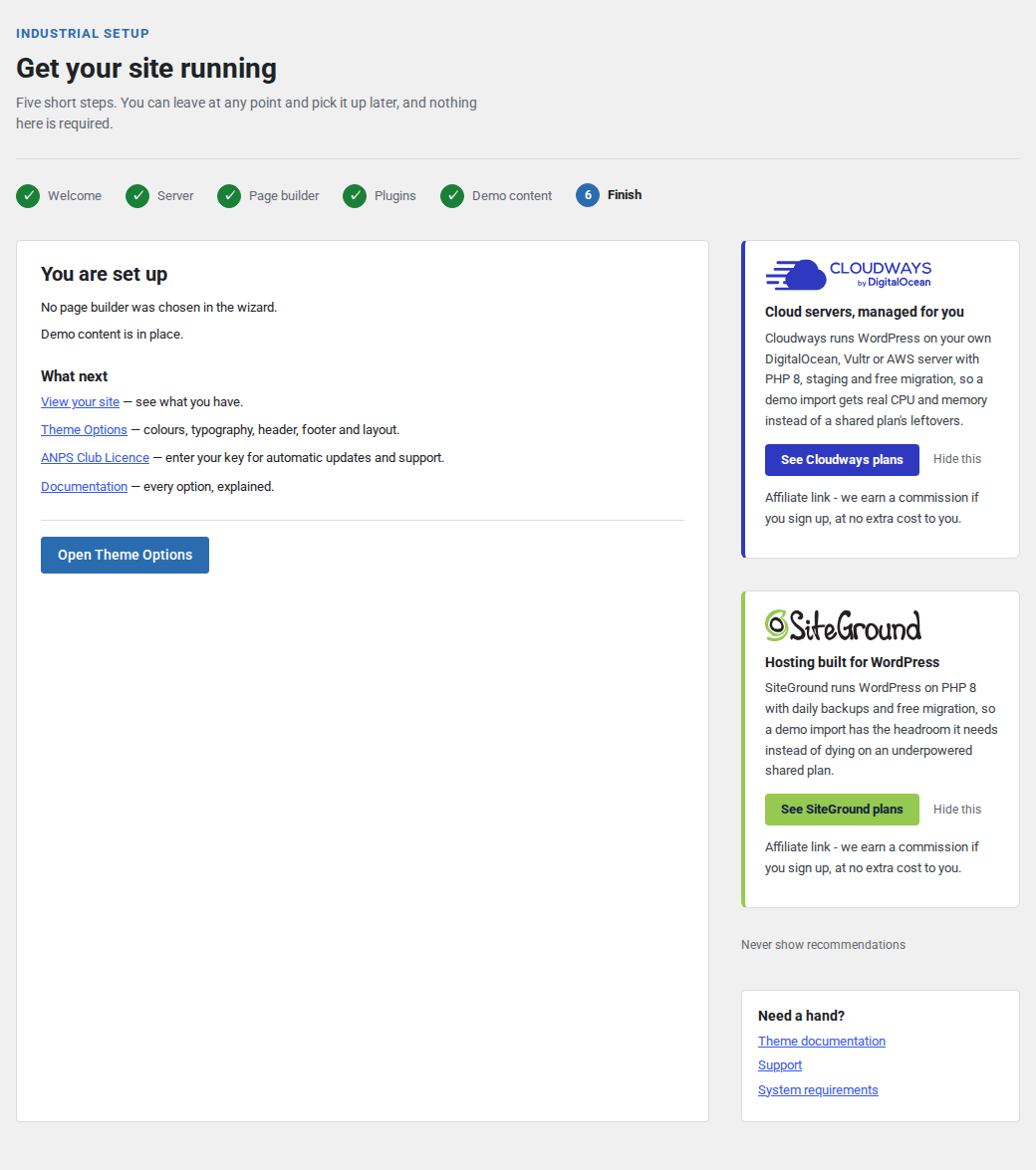 The final step summarises what was done and links to the licence screen.