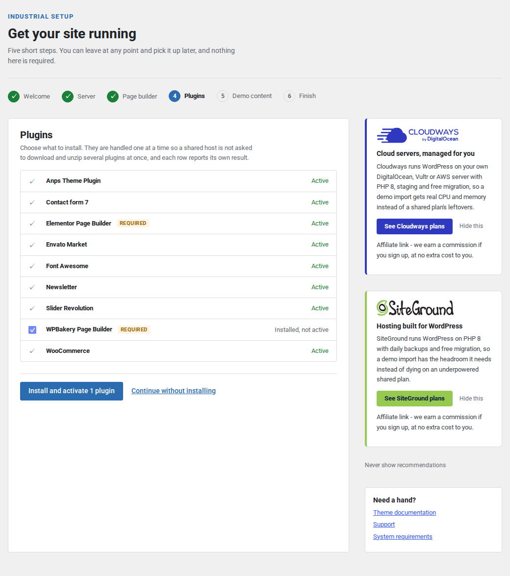 The plugins step: tick what to install. Required plugins are ticked and cannot be cleared.