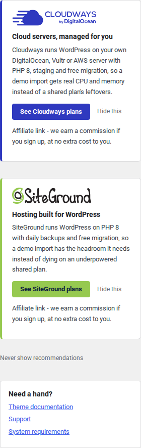 The side column carries the help links and, unless you have turned them off, the hosting recommendations.