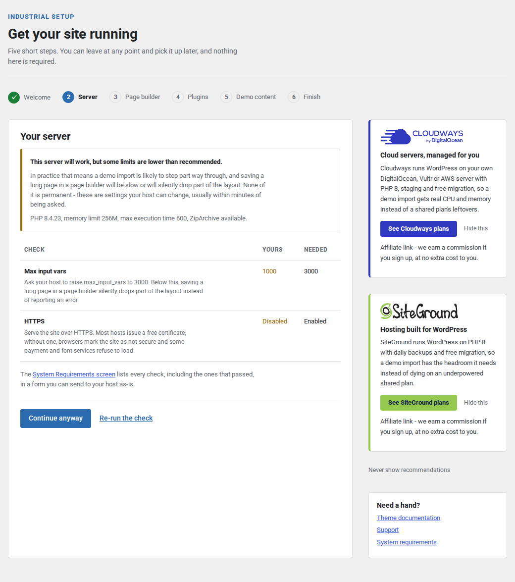 The server step reports only the checks that fall short, each with the value to ask your host for.
