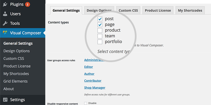 visual composer general settings