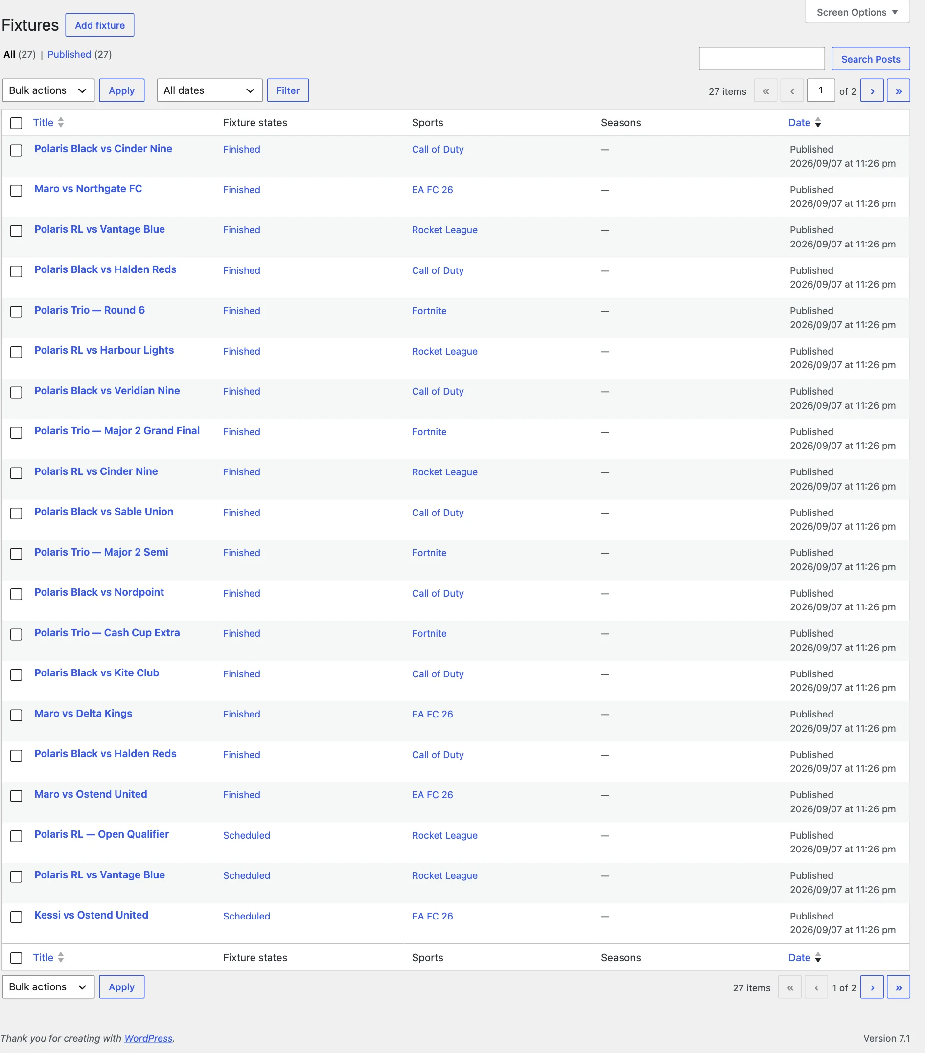The admin list screen for one of the sports content types.