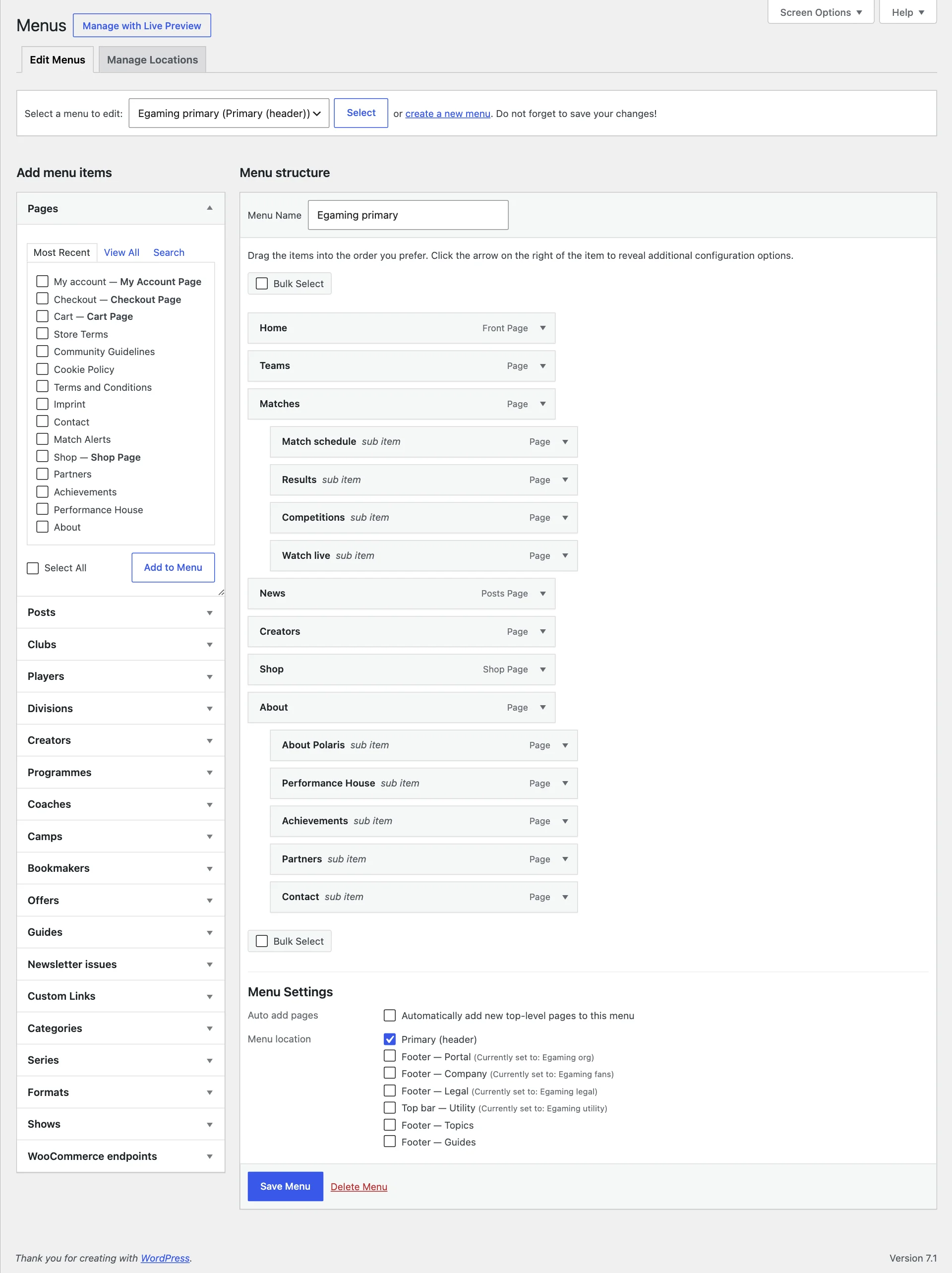 The Appearance to Menus screen, with a menu assigned to the Primary header location.