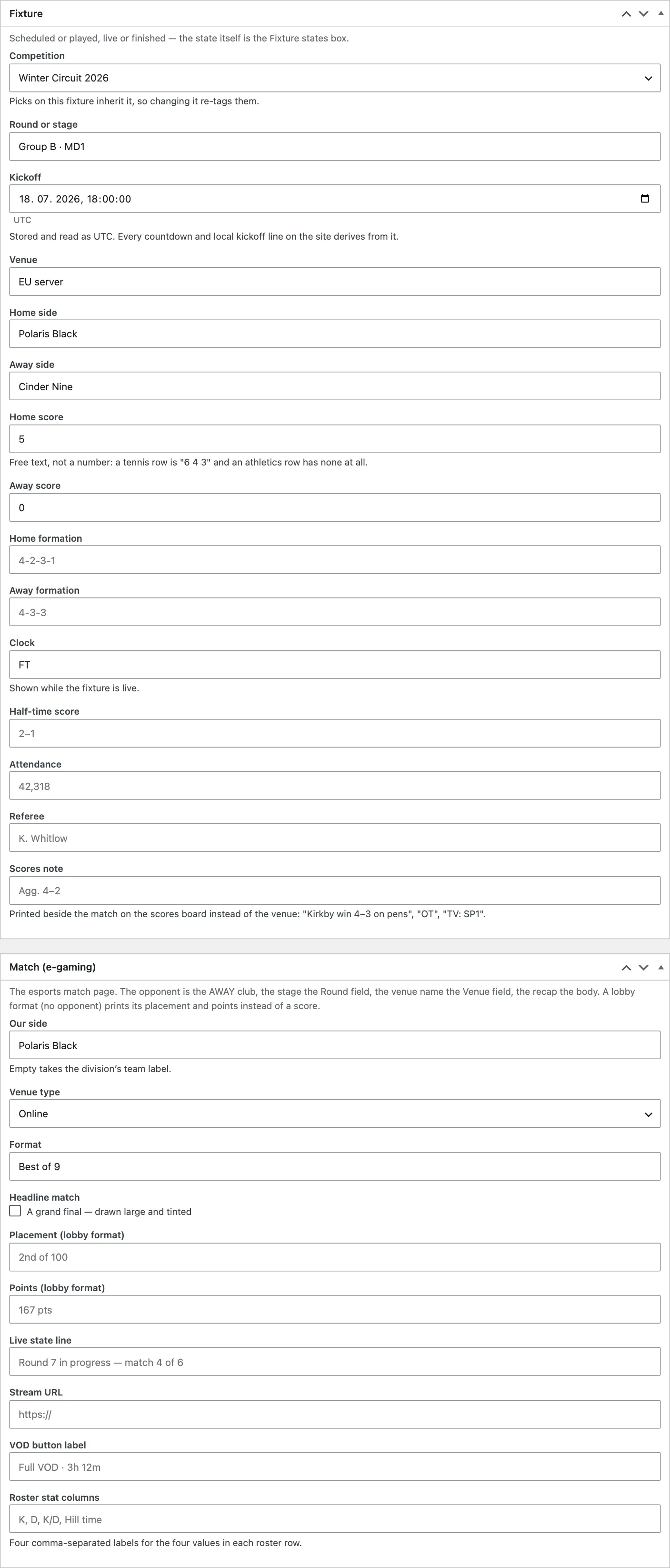A content type edit screen with its meta panels open.
