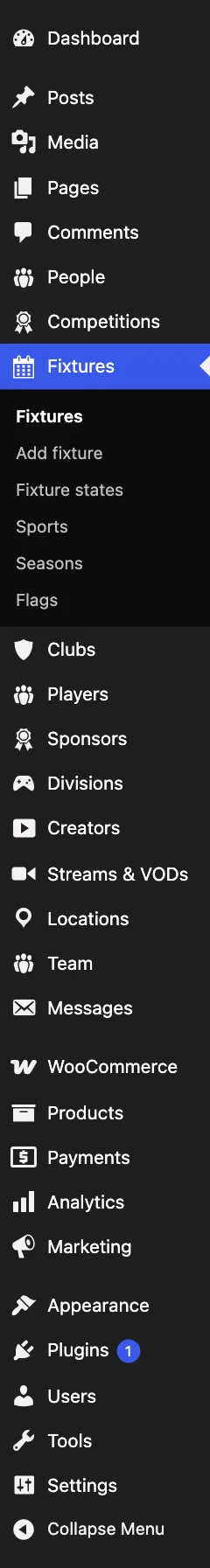 The admin sidebar on a site running the E-gaming demo: its own eight content
types, plus People, Locations, Team and Messages, which are always
present.