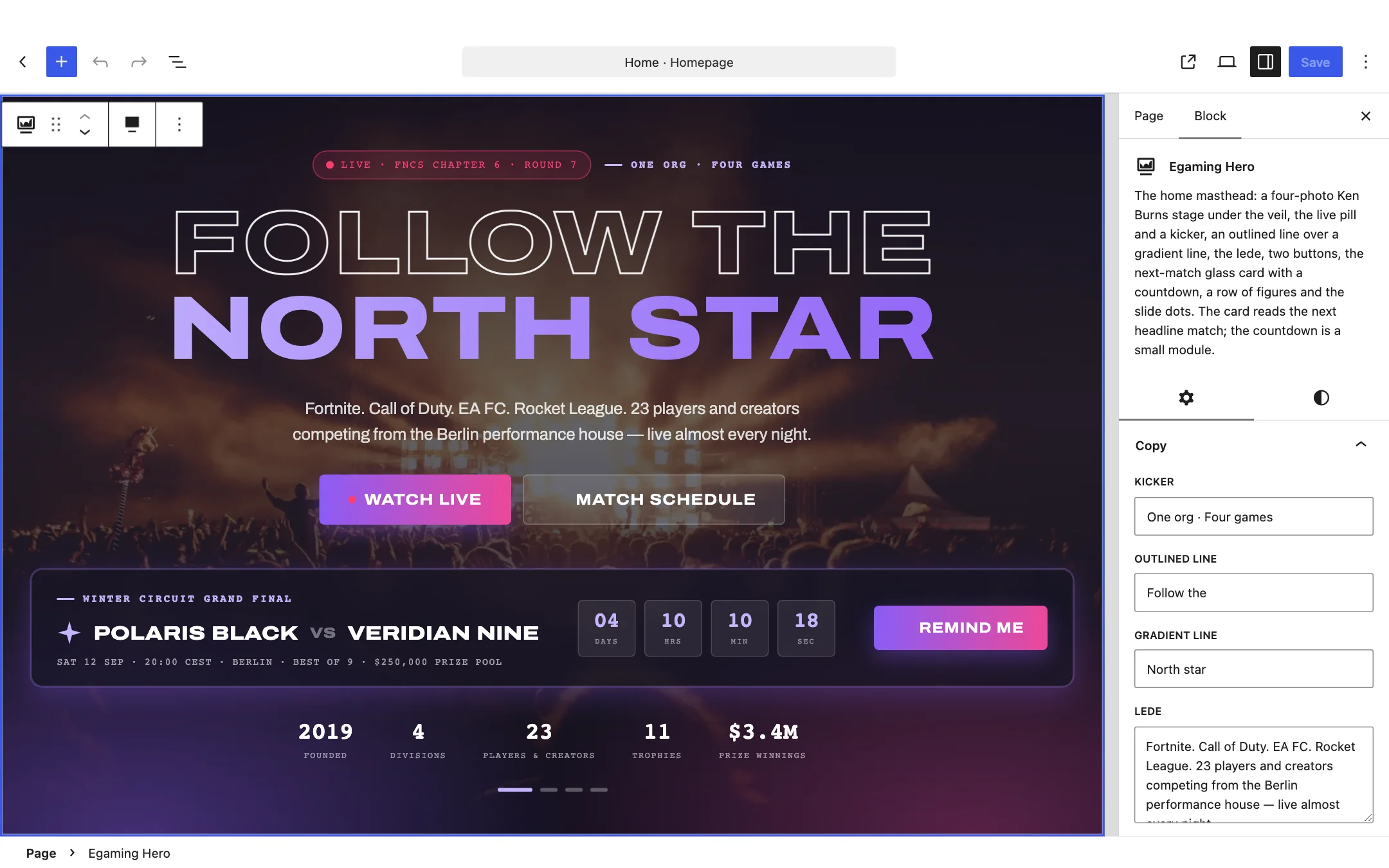 The block editor with a demo page open and one band selected.