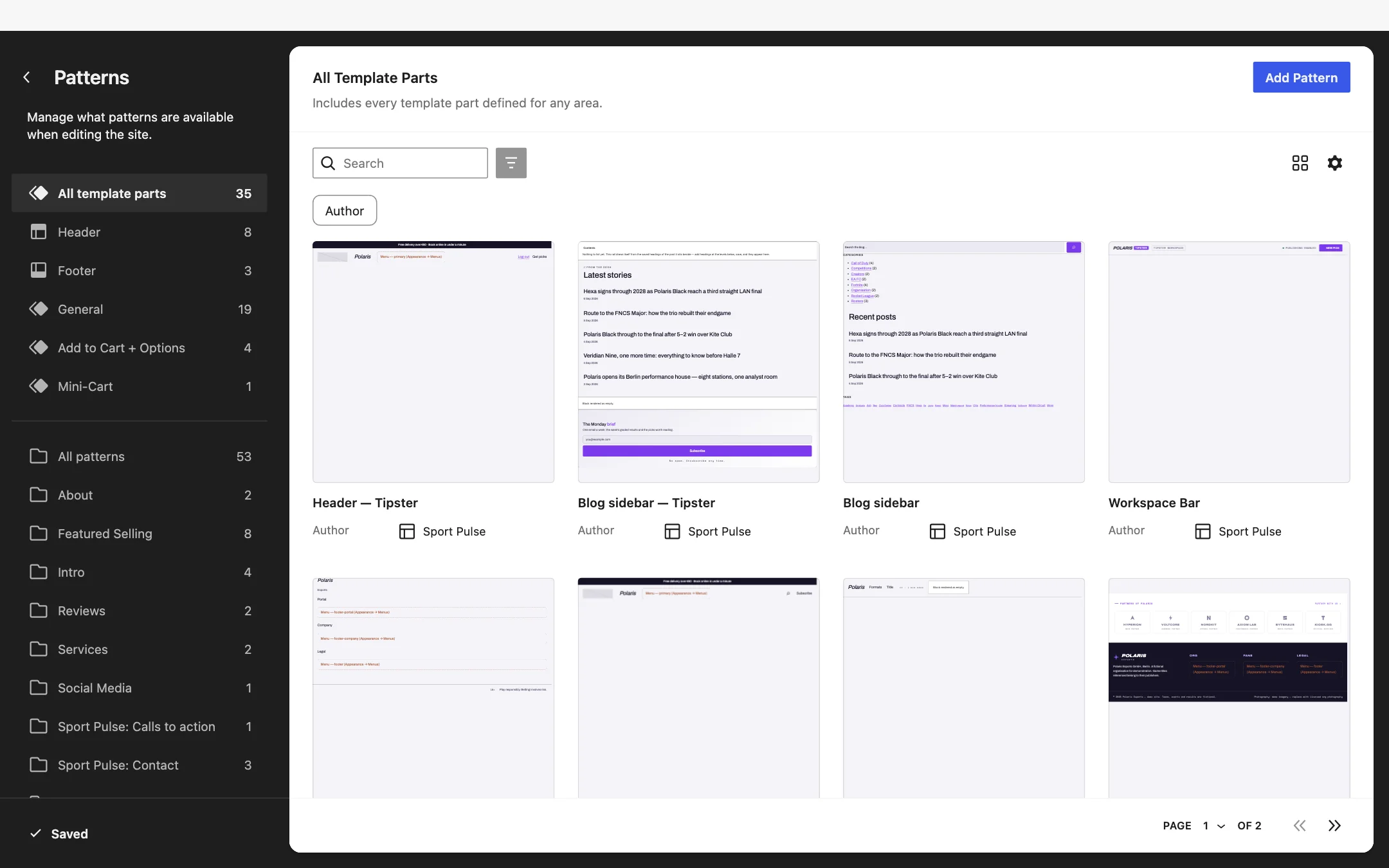 The template parts listed under Appearance to Editor to Patterns.