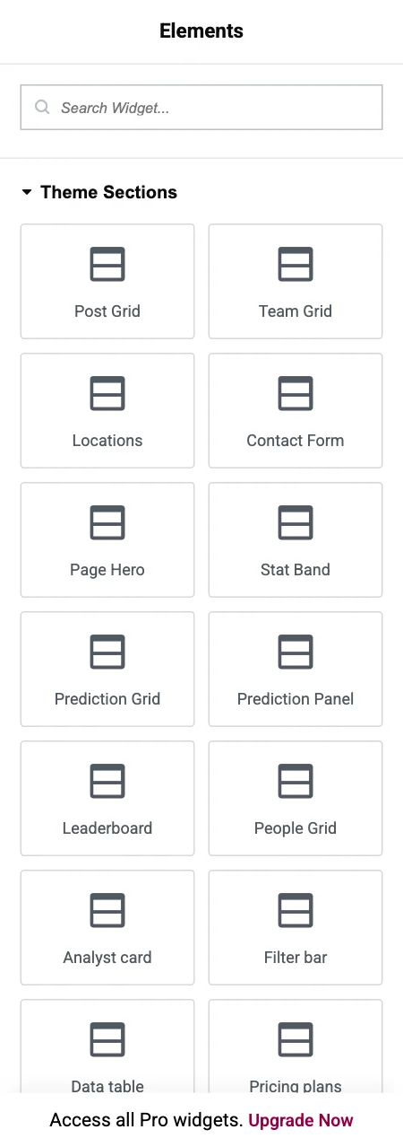 The Theme Sections group in the Elementor inserter, with the theme's section widgets listed.