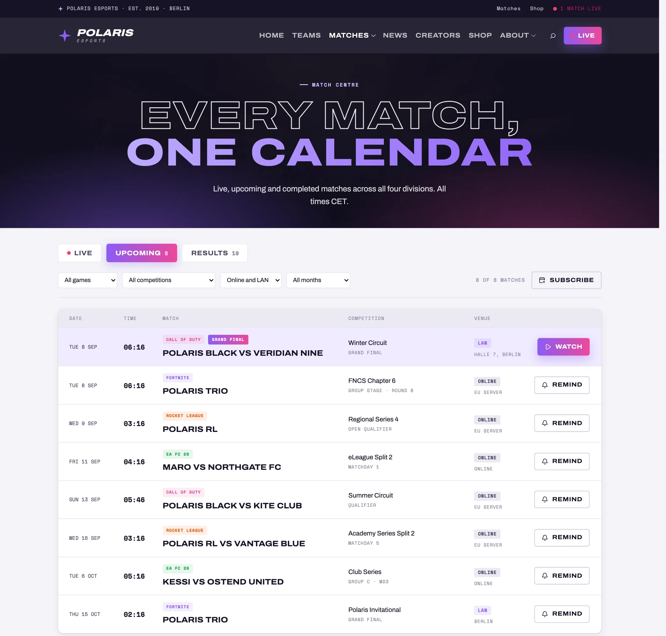 A match page from the e-gaming demo.