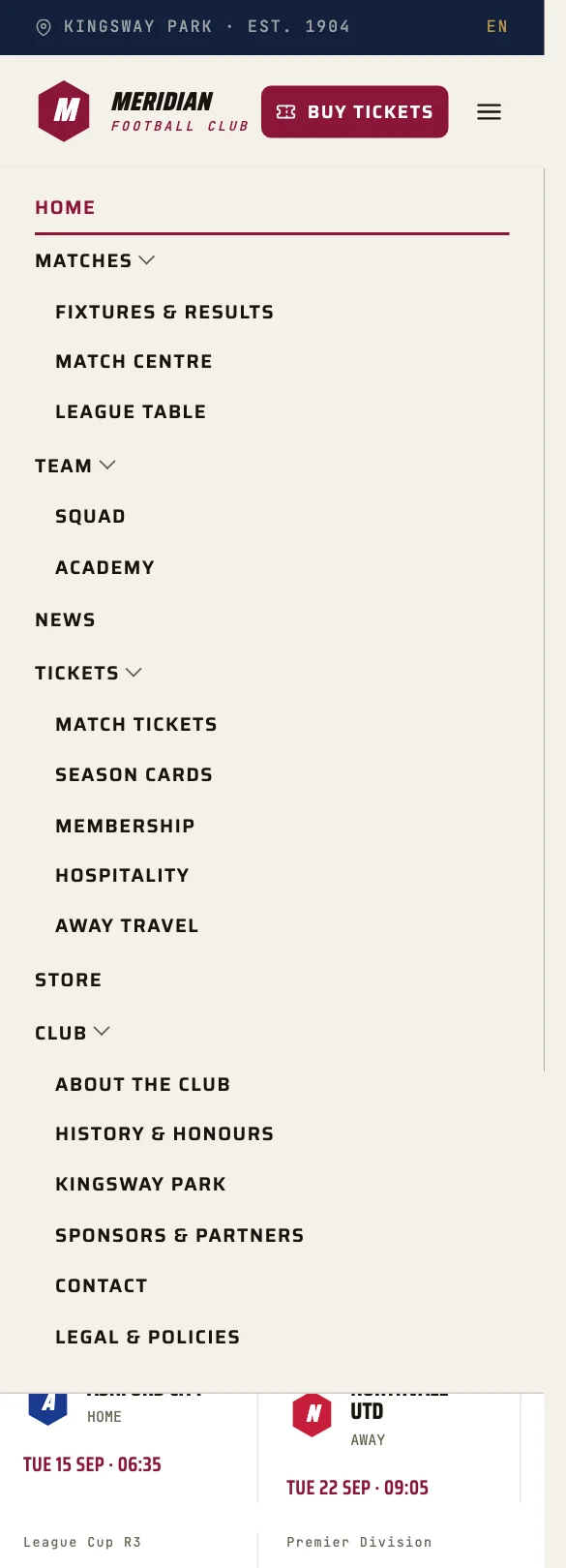 The menu open in the phone drawer, with submenus expanded as indented lists.