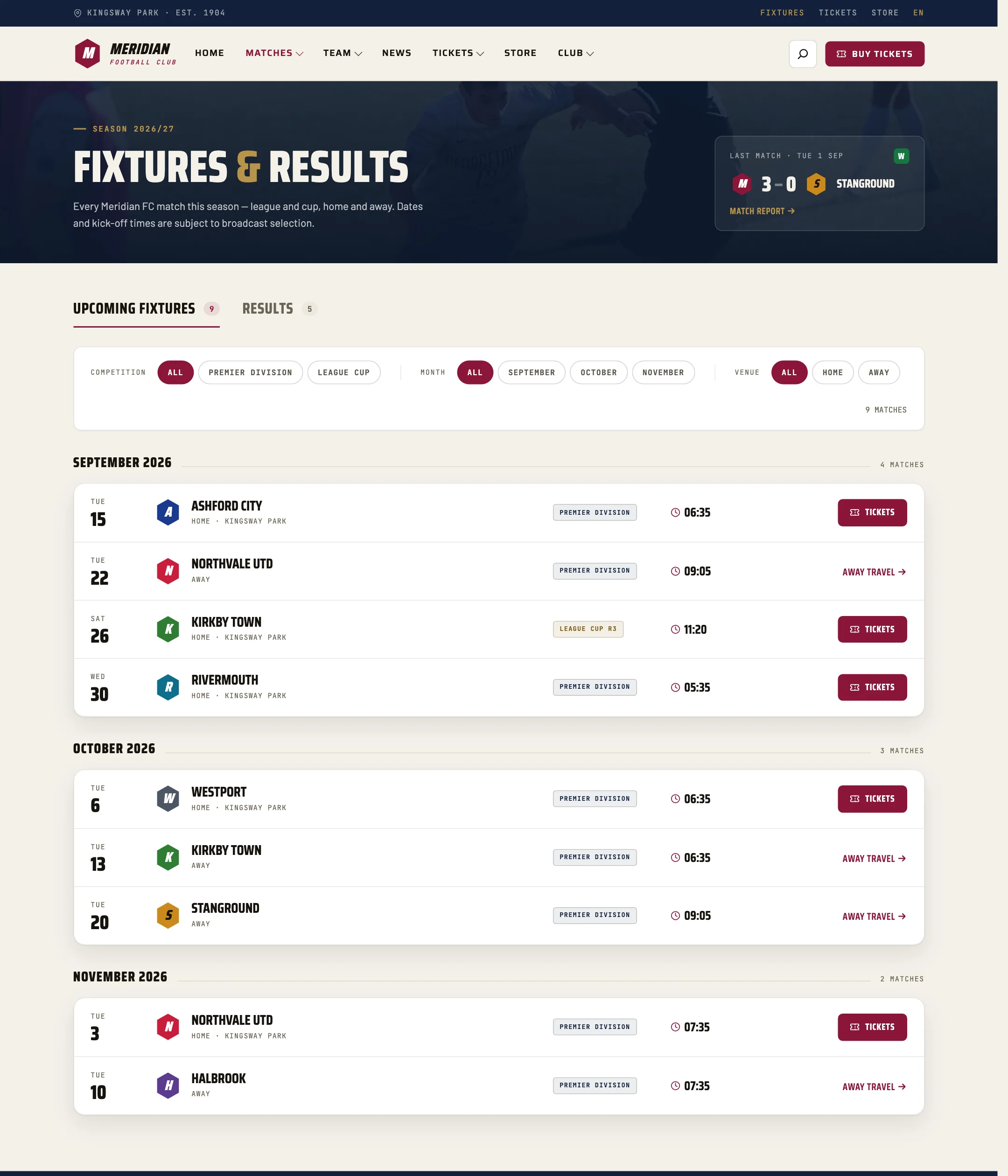 A fixture list on the front end of the club demo.