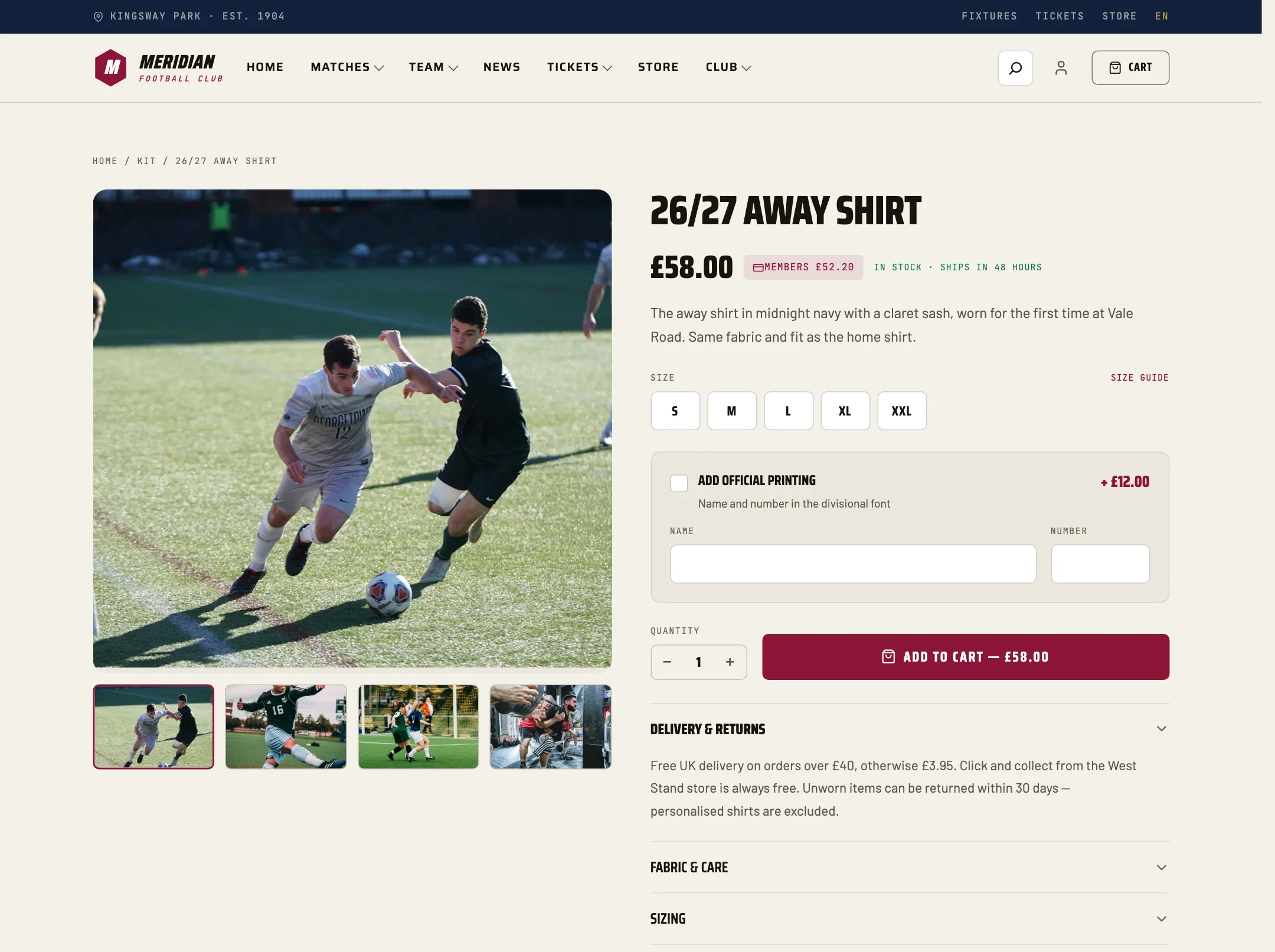 A club store product page with the buy column, size pills and printing add-on.