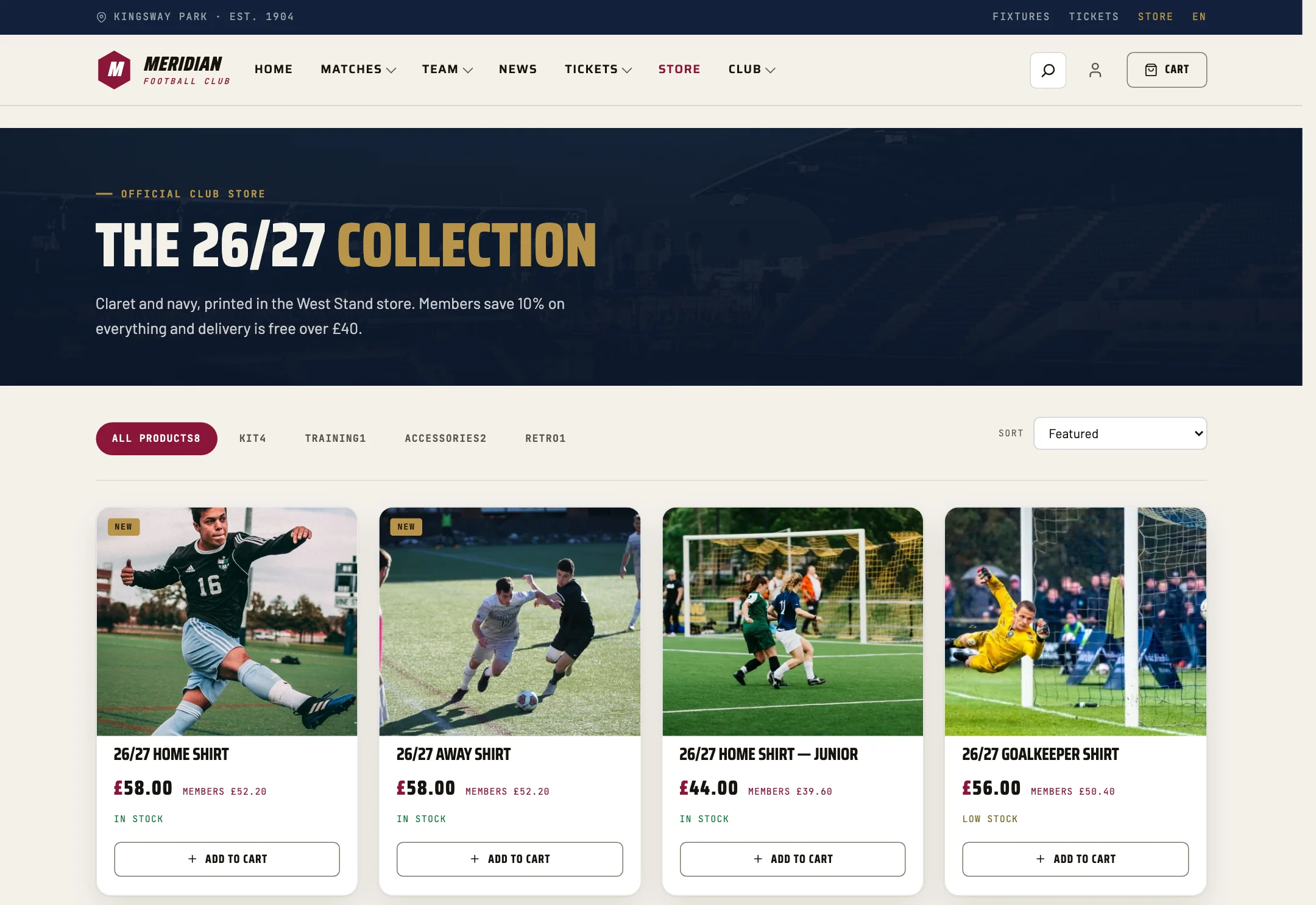 The Meridian FC club store archive with its filter column and product grid.