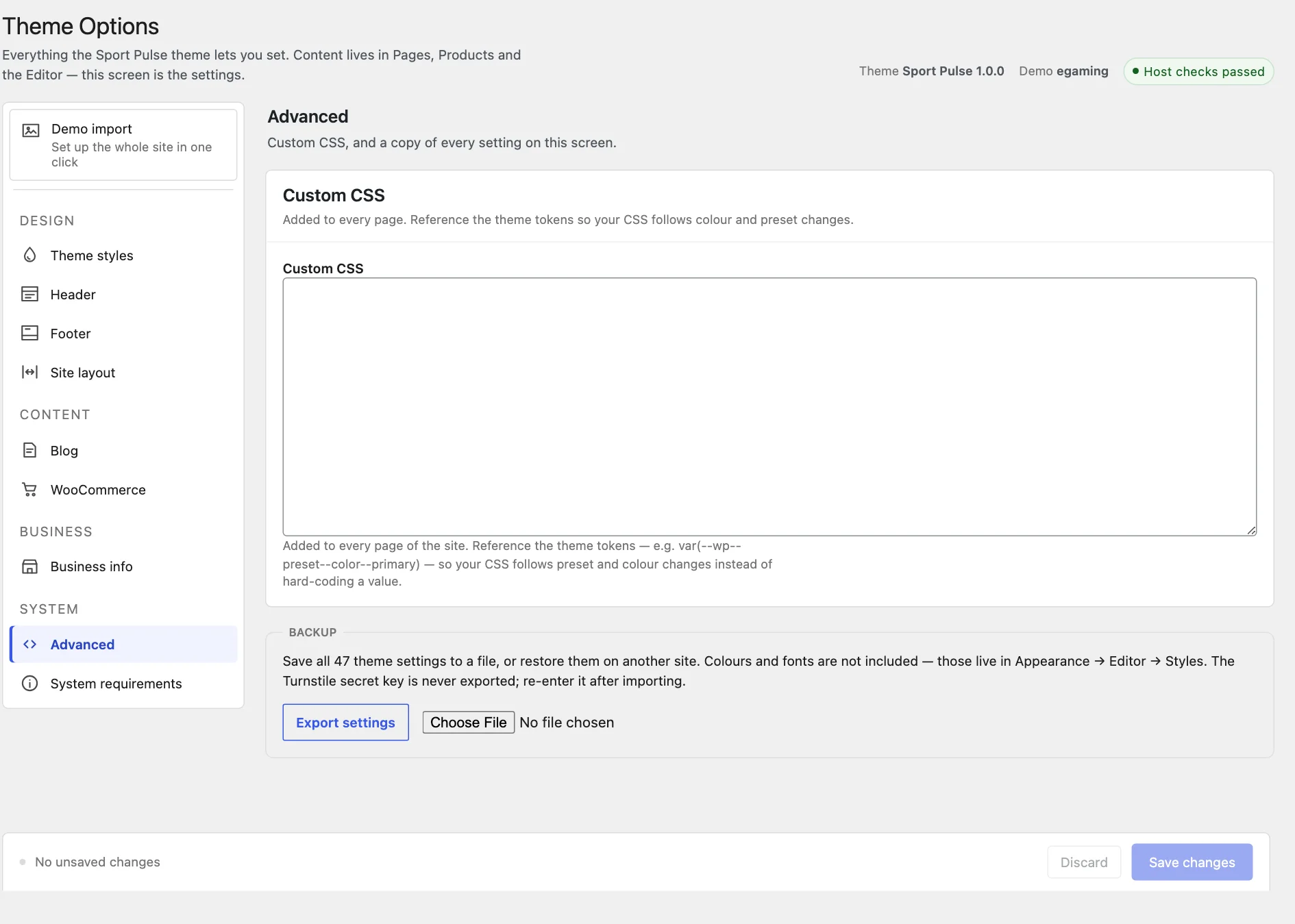 The Advanced tab, with the Custom CSS box and the Backup card.