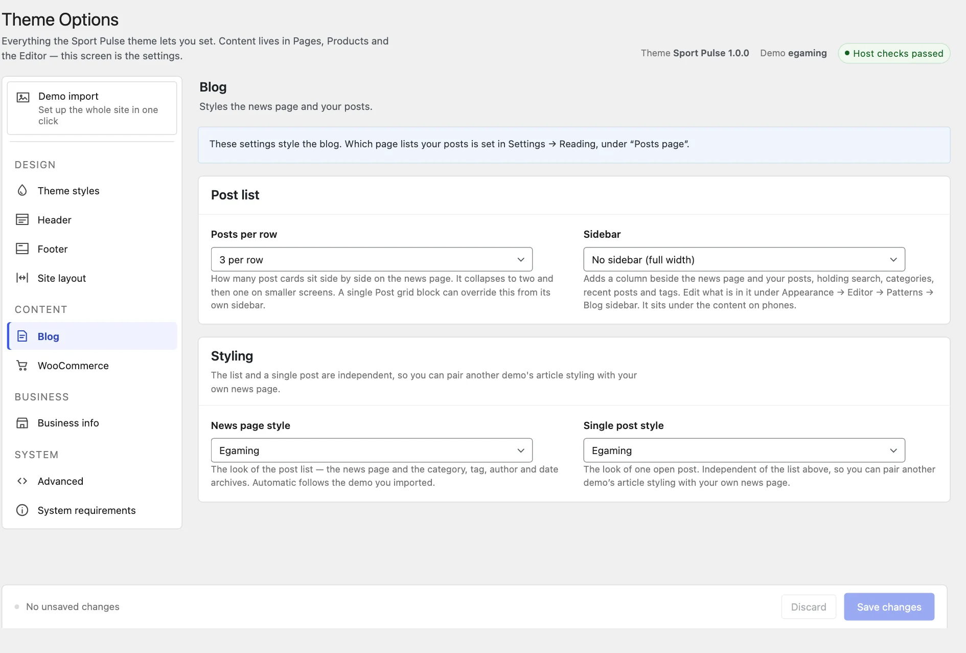 The Blog tab, with the post-list controls and the two style pickers.