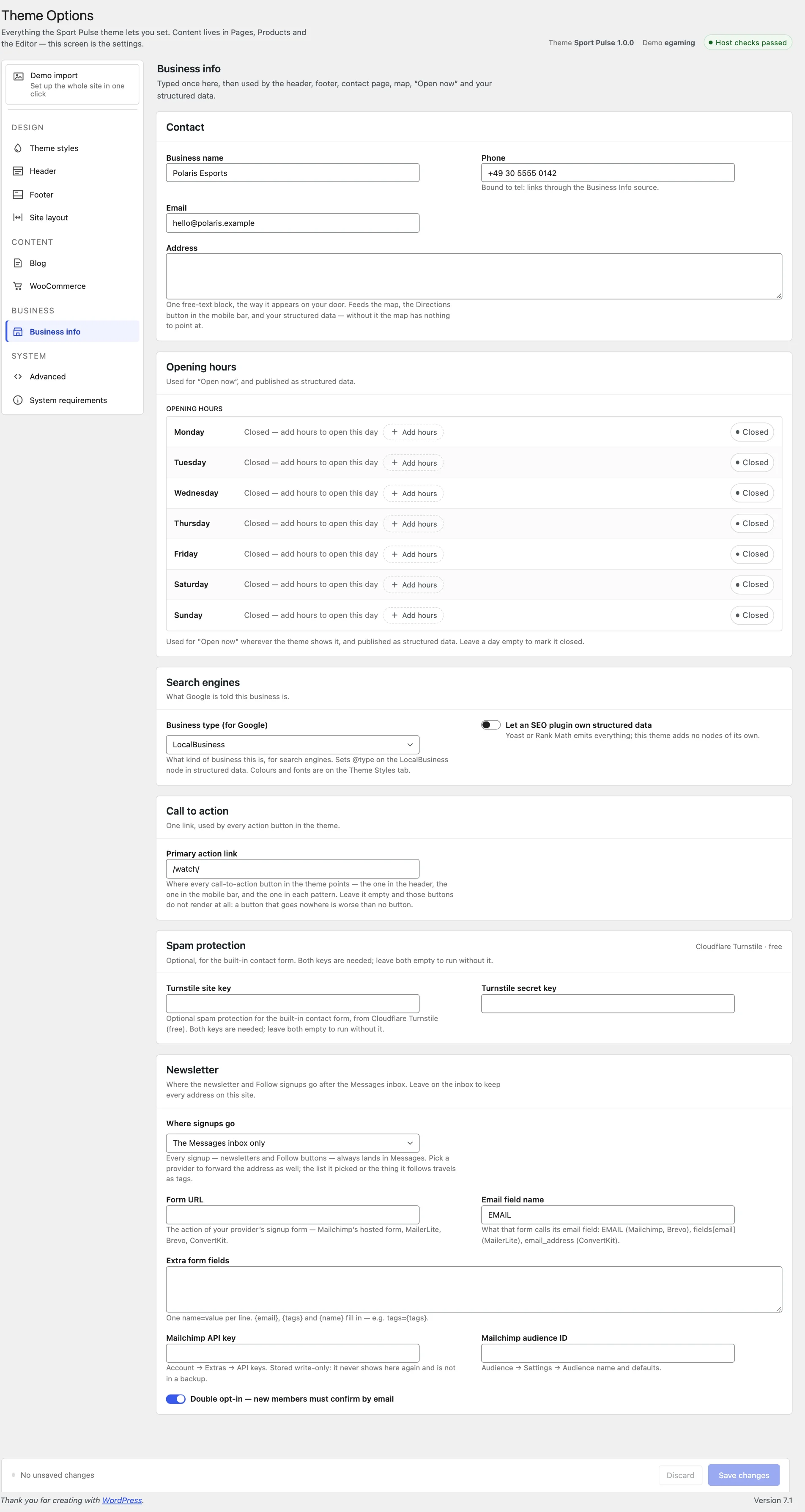 The Business info tab, with contact details, opening hours and the newsletter card.