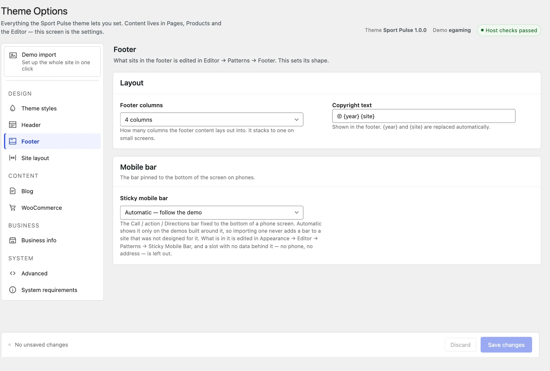 The Footer tab, with footer columns, copyright text and the mobile bar setting.