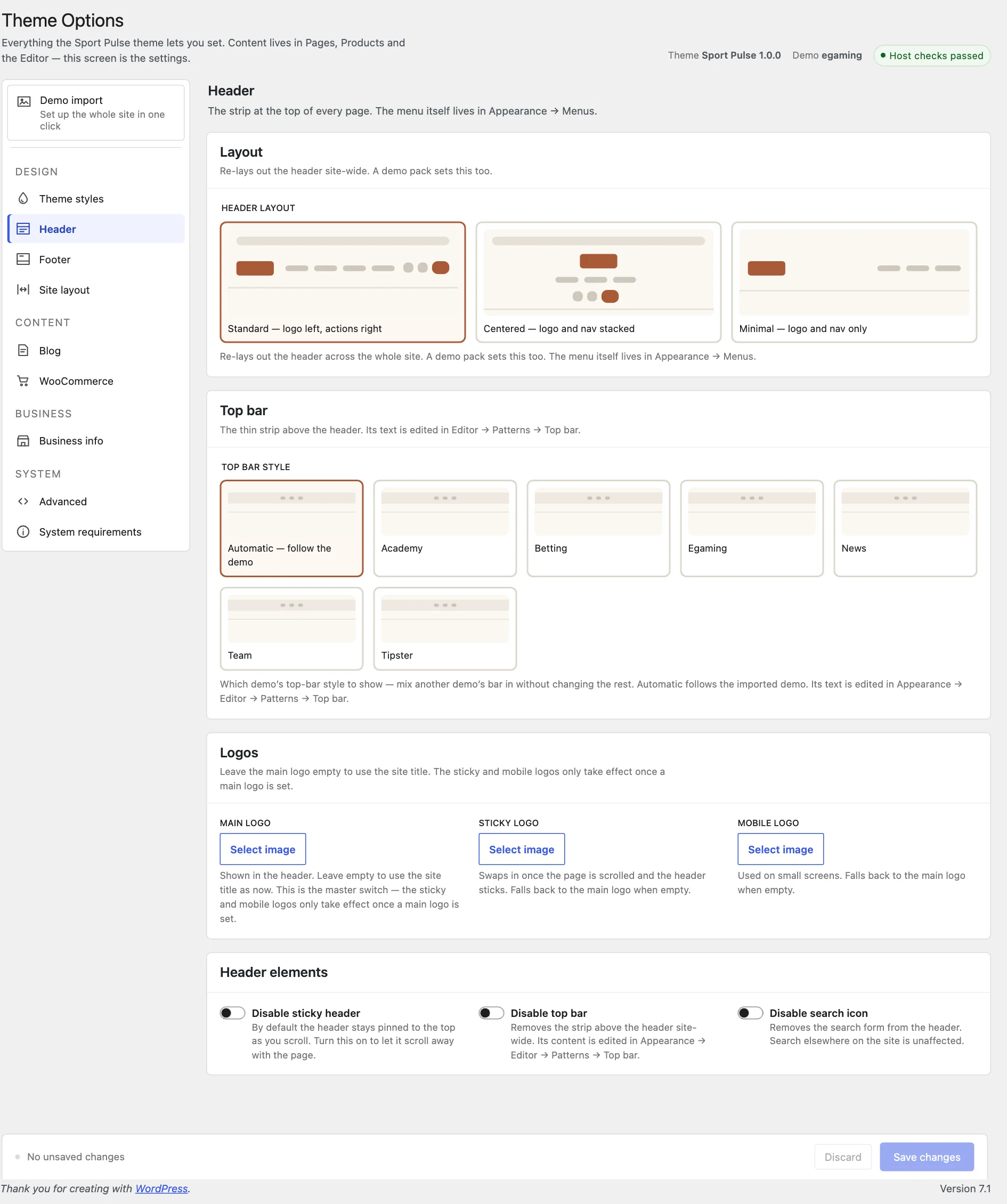The Header tab, showing the layout cards, the logo slots and the three switches.