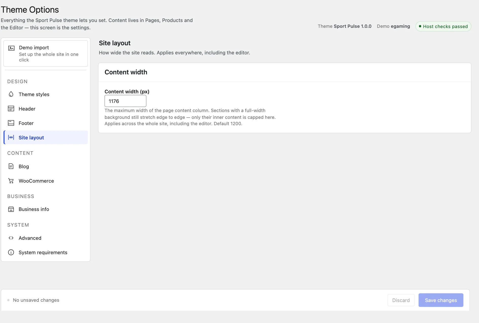 The Site layout tab and its single content-width field.