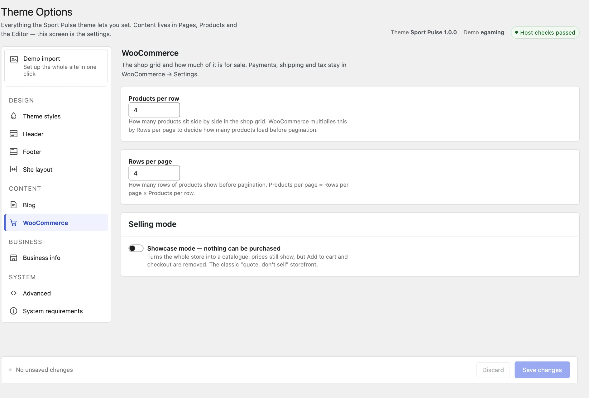 The WooCommerce tab, with the shop grid fields and showcase mode.